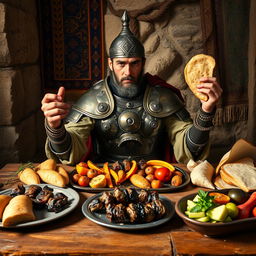 A strong and determined Janissary warrior in elaborate armor, sitting at a rustic table filled with an array of delicious Middle Eastern dishes, including lamb kebabs, fresh bread, and fruit