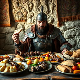 A strong and determined Janissary warrior in elaborate armor, sitting at a rustic table filled with an array of delicious Middle Eastern dishes, including lamb kebabs, fresh bread, and fruit
