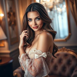 A beautiful and confident Russian woman posing in an elegant, sensual outfit