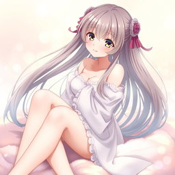 A beautiful anime girl with long flowing hair, sitting gracefully on a soft, plush fabric