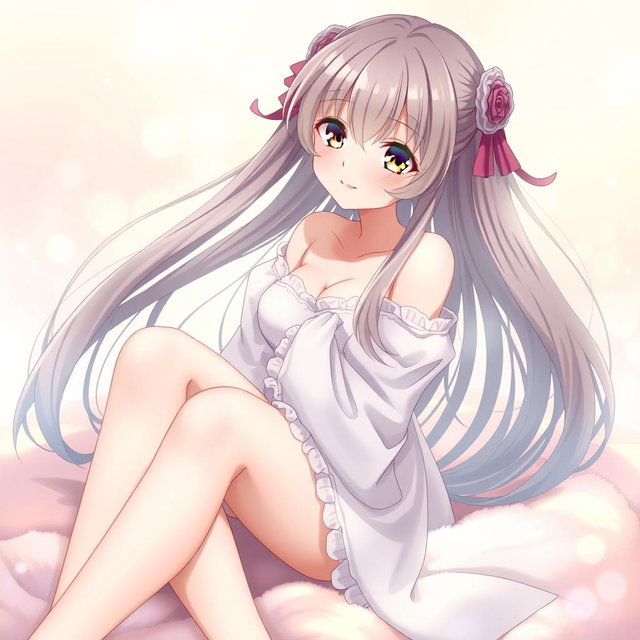A beautiful anime girl with long flowing hair, sitting gracefully on a soft, plush fabric