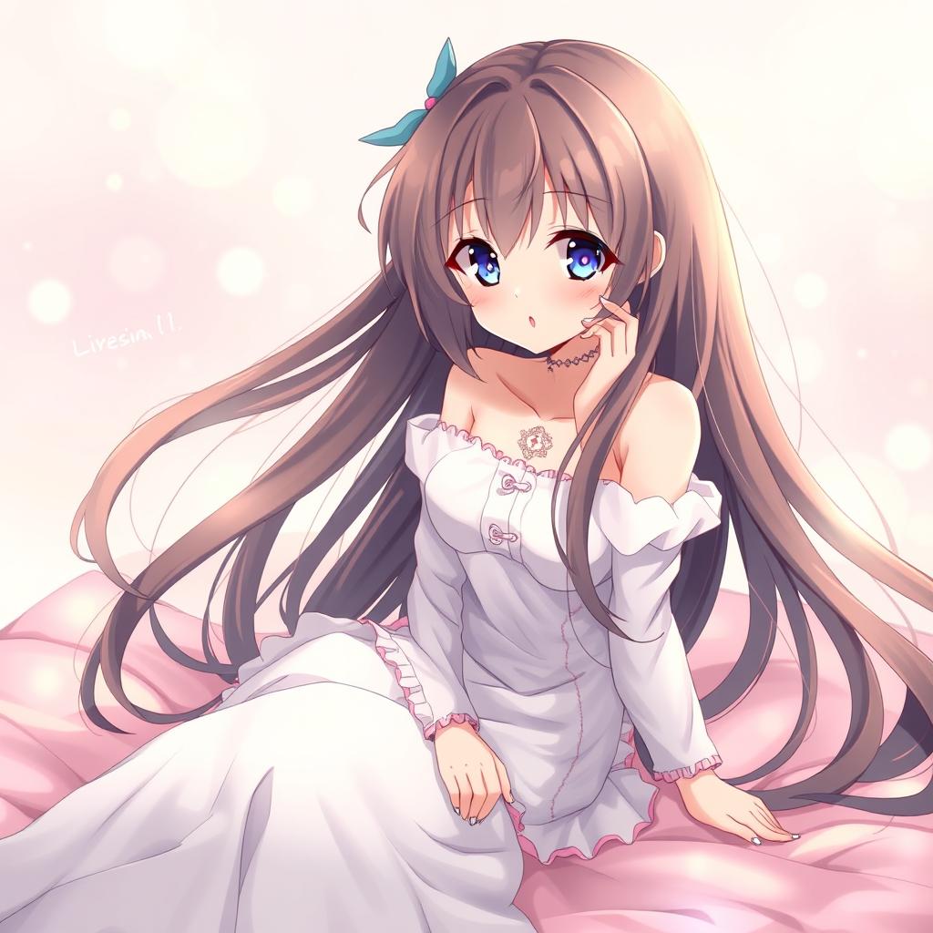 A beautiful anime girl with long flowing hair, sitting gracefully on a soft, plush fabric