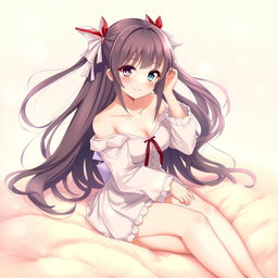 A beautiful anime girl with long flowing hair, sitting gracefully on a soft, plush fabric