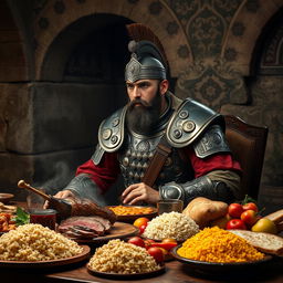 A fierce Janissary warrior looking hungry, clad in traditional ornate armor with intricate designs, seated at a wooden table