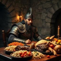 A fierce Janissary warrior looking hungry, clad in traditional ornate armor with intricate designs, seated at a wooden table