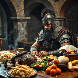 A fierce Janissary warrior looking hungry, clad in traditional ornate armor with intricate designs, seated at a wooden table