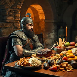 A fierce Janissary warrior looking hungry, clad in traditional ornate armor with intricate designs, seated at a wooden table