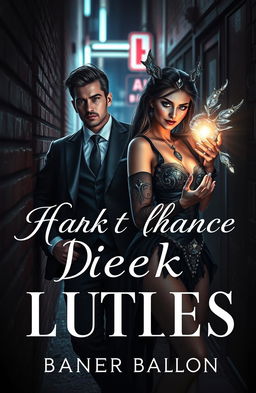 A captivating book cover featuring a dark romance theme with a sharp-dressed mafia boy, exuding danger and charisma, leaning nonchalantly against a brick wall in an urban alley