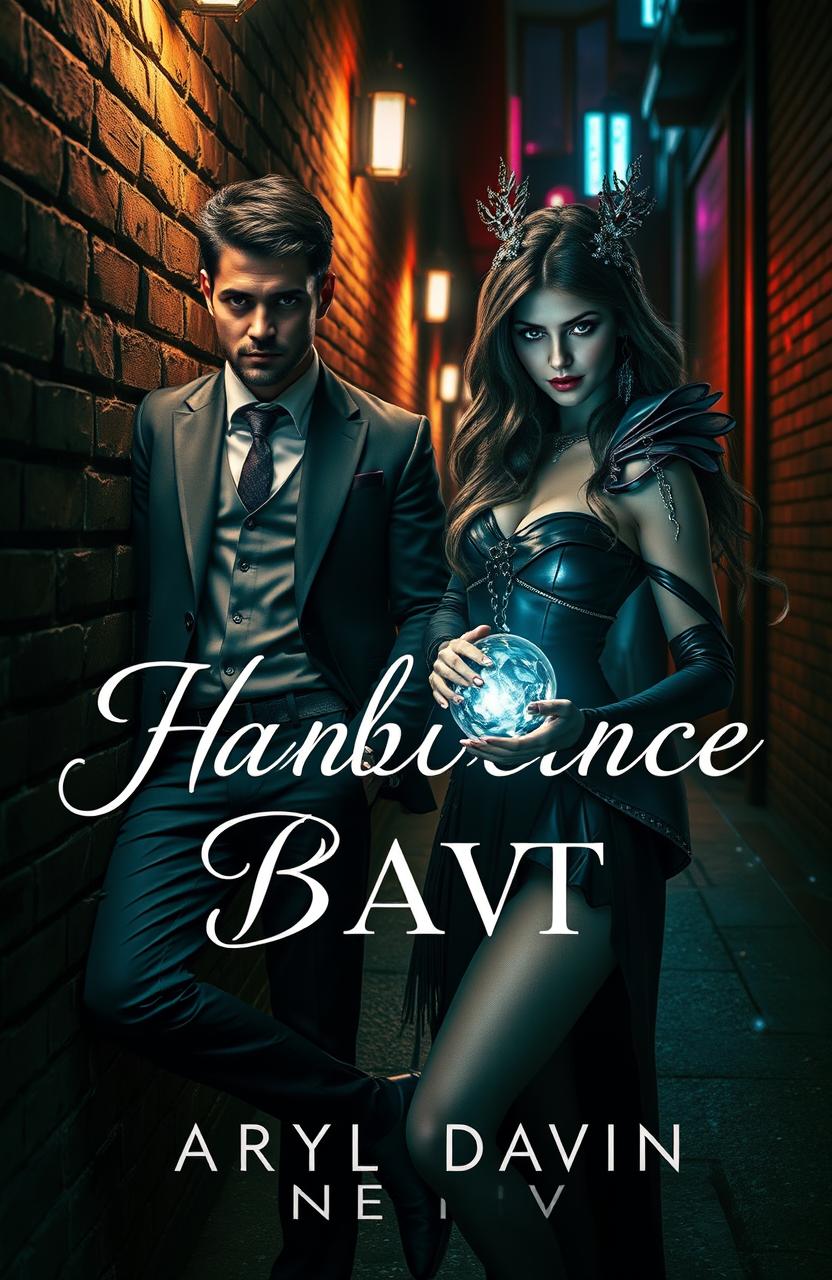 A captivating book cover featuring a dark romance theme with a sharp-dressed mafia boy, exuding danger and charisma, leaning nonchalantly against a brick wall in an urban alley