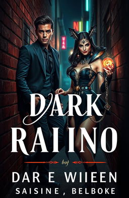 A captivating book cover featuring a dark romance theme with a sharp-dressed mafia boy, exuding danger and charisma, leaning nonchalantly against a brick wall in an urban alley