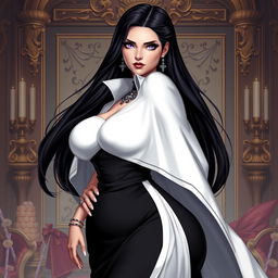 A portrait of Amanda Torquatus, co-empress of the Vespermere Empire, standing confidently in a traditionally styled black and white dress with a white capelet