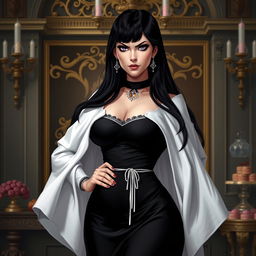 A portrait of Amanda Torquatus, co-empress of the Vespermere Empire, standing confidently in a traditionally styled black and white dress with a white capelet