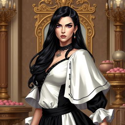 A portrait of Amanda Torquatus, co-empress of the Vespermere Empire, standing confidently in a traditionally styled black and white dress with a white capelet