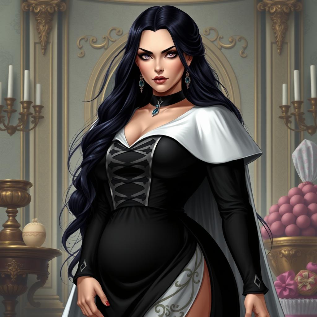 A portrait of Amanda Torquatus, co-empress of the Vespermere Empire, standing confidently in a traditionally styled black and white dress with a white capelet