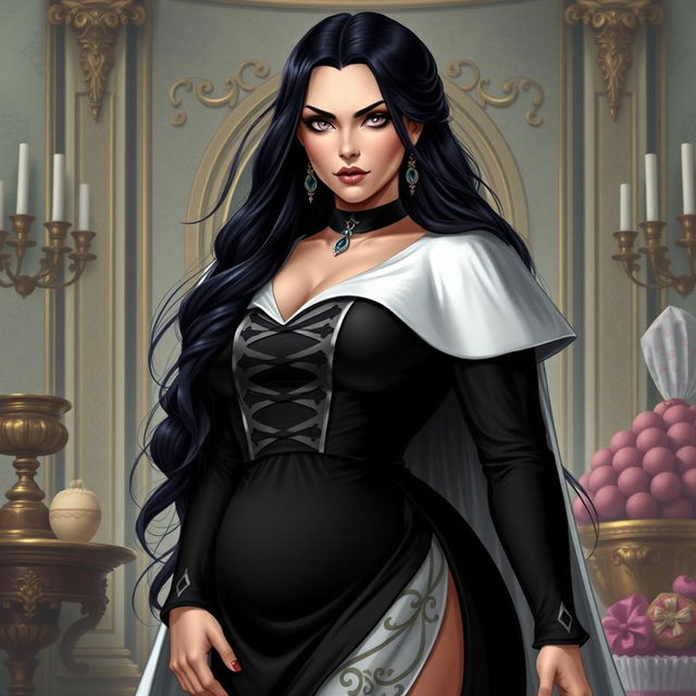 A portrait of Amanda Torquatus, co-empress of the Vespermere Empire, standing confidently in a traditionally styled black and white dress with a white capelet