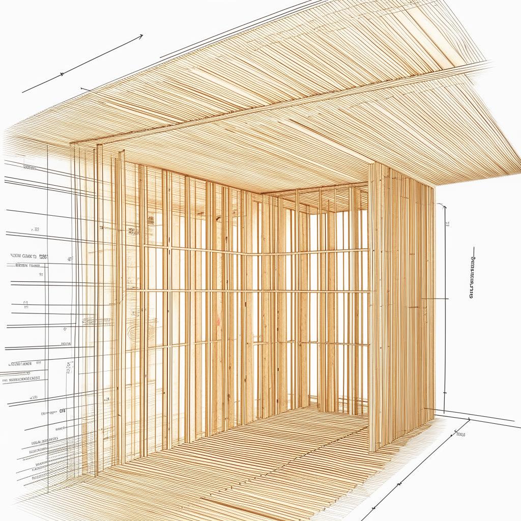 Detailed drawing of wooden partition wall construction with clear indications of dimensions, showcasing the intricacy of the layout and woodcraft