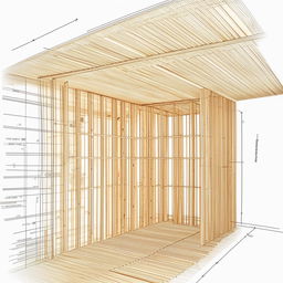 Detailed drawing of wooden partition wall construction with clear indications of dimensions, showcasing the intricacy of the layout and woodcraft