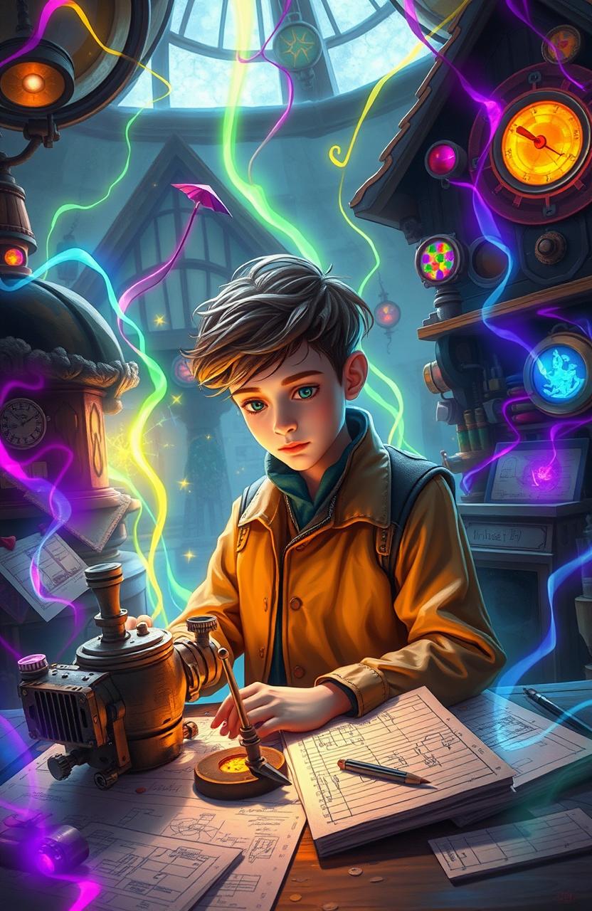 A young inventor in a fantastical village, surrounded by vibrant colors that pulse through the air, symbolizing the unique ability of the villagers to see sounds through colors implanted in their bodies