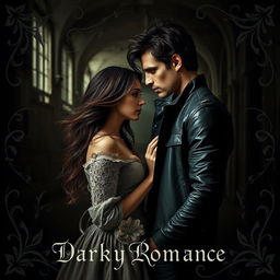 A captivating book cover for a dark romance novel featuring an enigmatic couple in an abandoned, gothic setting