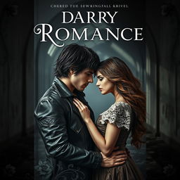A captivating book cover for a dark romance novel featuring an enigmatic couple in an abandoned, gothic setting