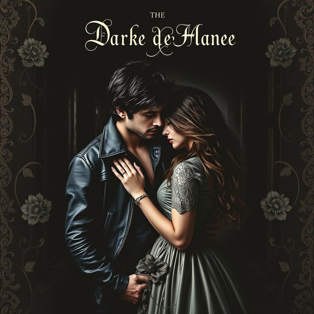 A captivating book cover for a dark romance novel featuring an enigmatic couple in an abandoned, gothic setting