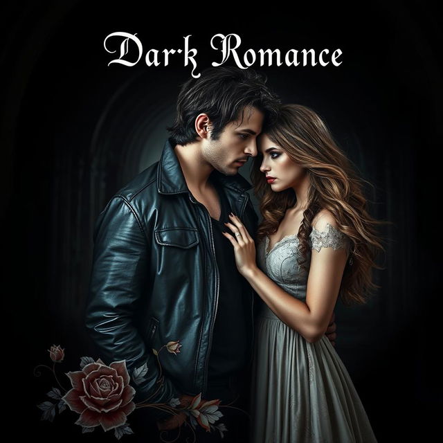 A captivating book cover for a dark romance novel featuring an enigmatic couple in an abandoned, gothic setting