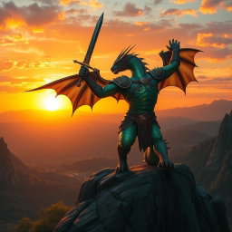 A majestic dragonborn warrior standing heroically atop a rocky cliff, overlooking a lush valley at sunset