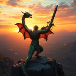 A majestic dragonborn warrior standing heroically atop a rocky cliff, overlooking a lush valley at sunset