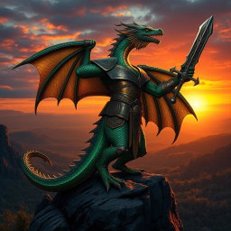 A majestic dragonborn warrior standing heroically atop a rocky cliff, overlooking a lush valley at sunset