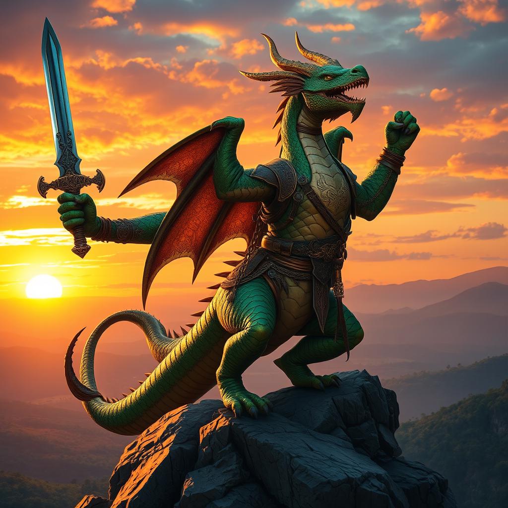 A majestic dragonborn warrior standing heroically atop a rocky cliff, overlooking a lush valley at sunset