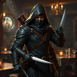 A charismatic Dungeons and Dragons rogue, dressed in dark leather armor adorned with intricate patterns