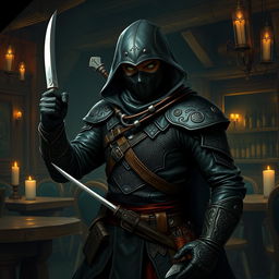 A charismatic Dungeons and Dragons rogue, dressed in dark leather armor adorned with intricate patterns