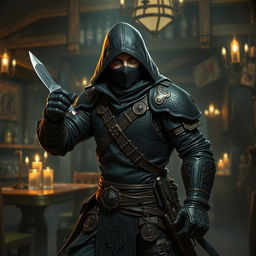 A charismatic Dungeons and Dragons rogue, dressed in dark leather armor adorned with intricate patterns