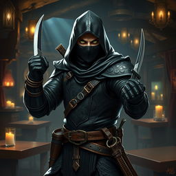 A charismatic Dungeons and Dragons rogue, dressed in dark leather armor adorned with intricate patterns