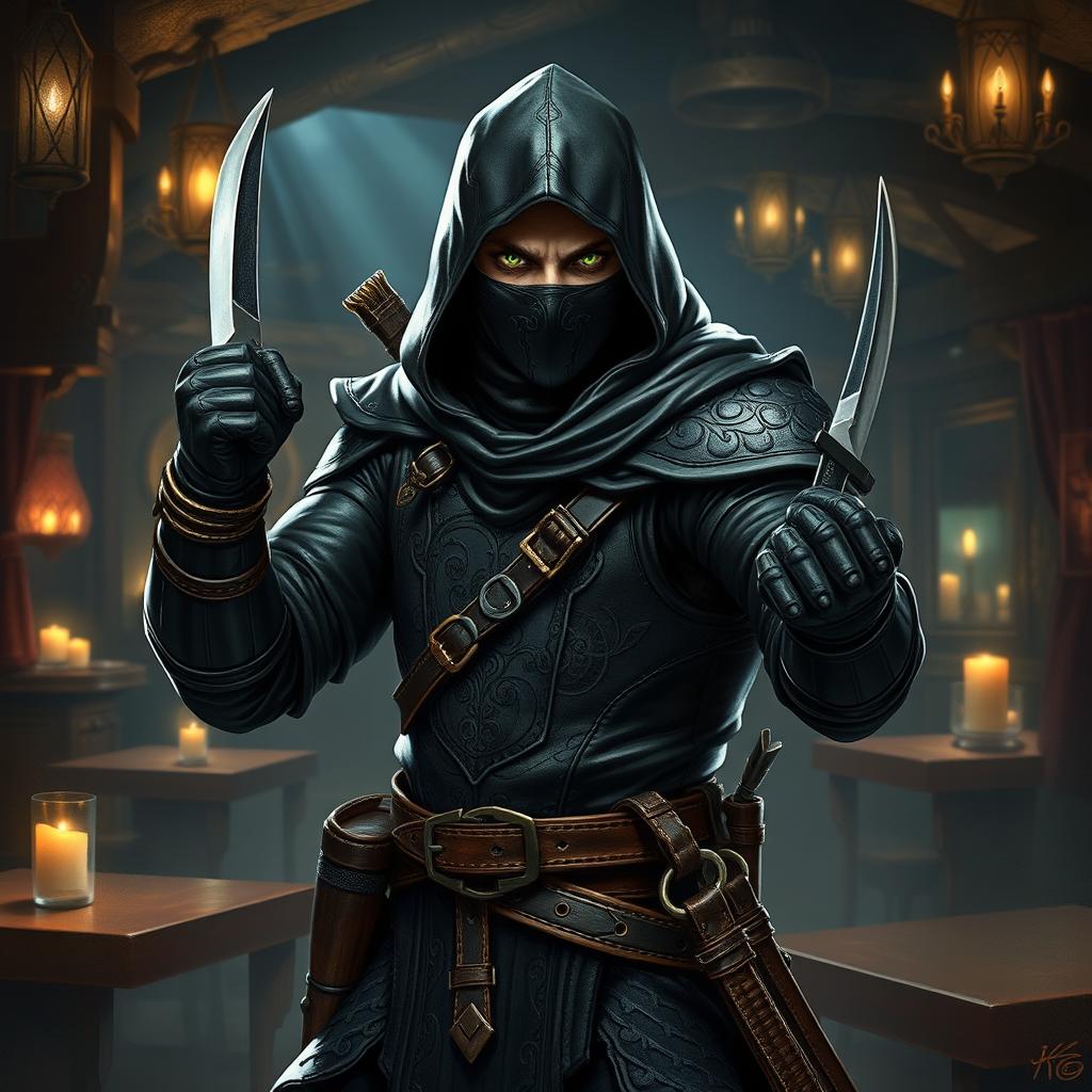 A charismatic Dungeons and Dragons rogue, dressed in dark leather armor adorned with intricate patterns