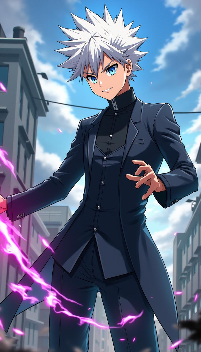 Satoru Gojo from Jujutsu Kaisen, a stylish and confident sorcerer with white spiky hair and striking blue eyes, wearing his signature black high-collared outfit