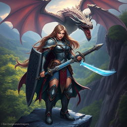 A fantasy-themed character based on a Dungeons & Dragons setting, featuring a strong female warrior with long flowing hair, wearing intricately designed armor adorned with engravings of mythical creatures