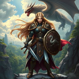 A fantasy-themed character based on a Dungeons & Dragons setting, featuring a strong female warrior with long flowing hair, wearing intricately designed armor adorned with engravings of mythical creatures