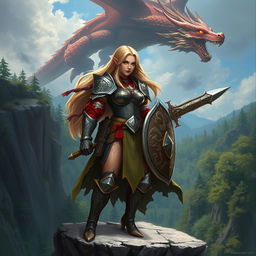 A fantasy-themed character based on a Dungeons & Dragons setting, featuring a strong female warrior with long flowing hair, wearing intricately designed armor adorned with engravings of mythical creatures