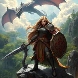 A fantasy-themed character based on a Dungeons & Dragons setting, featuring a strong female warrior with long flowing hair, wearing intricately designed armor adorned with engravings of mythical creatures