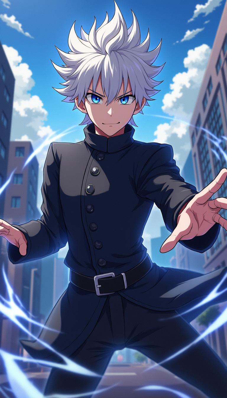 Satoru Gojo, a 25-year-old character from Jujutsu Kaisen, depicted as a stylish and confident sorcerer with striking white spiky hair and mesmerizing blue eyes