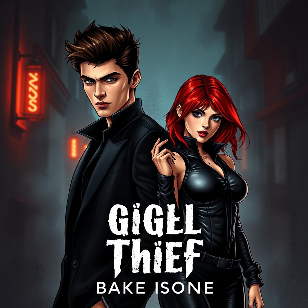 A dark romance book cover featuring a striking and intense illustration of a handsome young mafia man and a daring girl thief