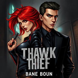 A dark romance book cover featuring a striking and intense illustration of a handsome young mafia man and a daring girl thief