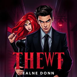 A dark romance book cover featuring a striking and intense illustration of a handsome young mafia man and a daring girl thief