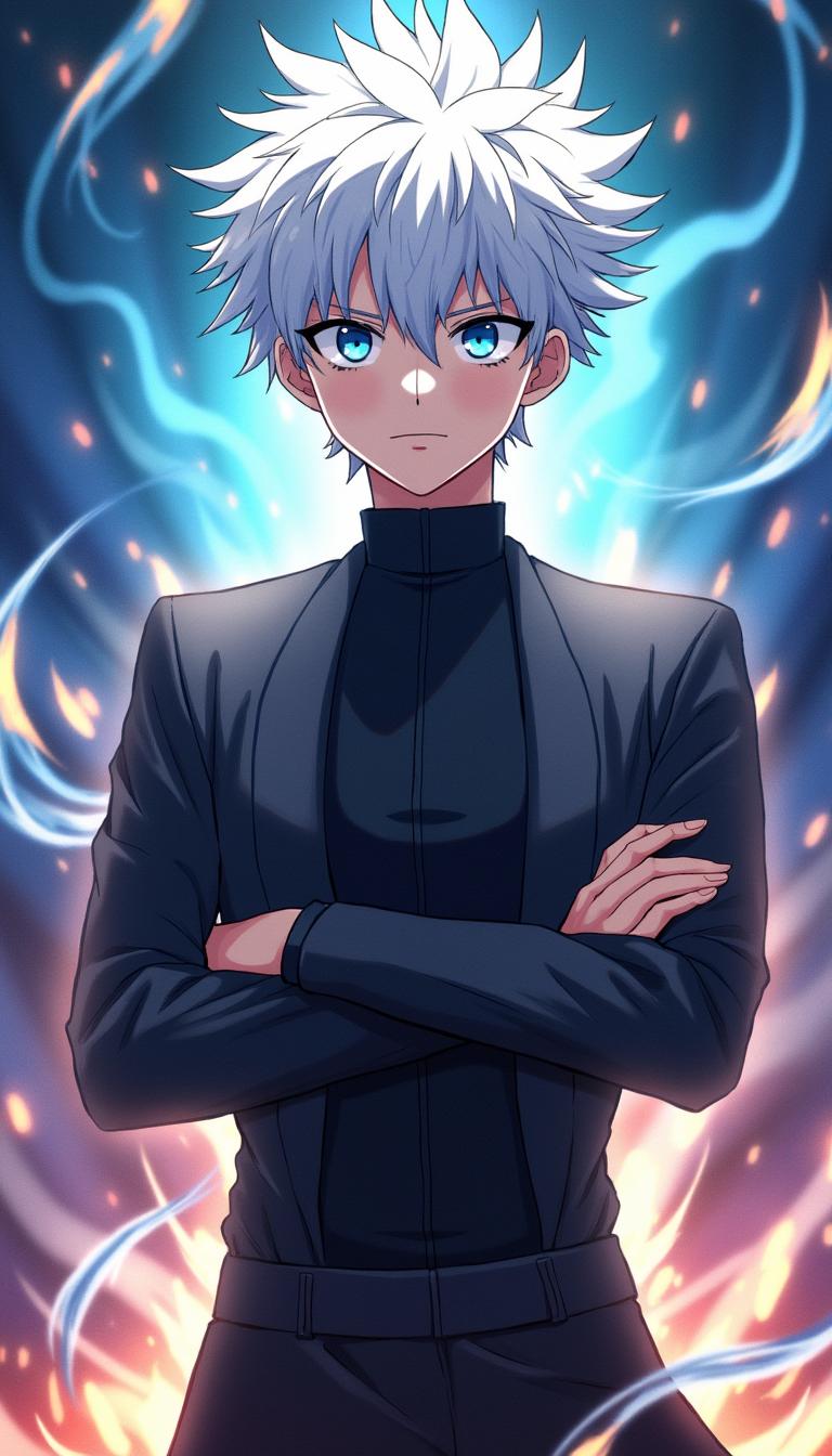 Satoru Gojo, the charismatic character from Jujutsu Kaisen, portrayed with his signature white spiky hair and striking bright blue eyes