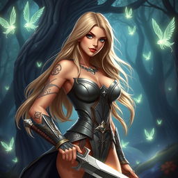 A sexy Dungeons & Dragons female character, with long flowing hair, wearing an elegantly designed, form-fitting armor that accentuates her curves