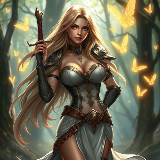 A sexy Dungeons & Dragons female character, with long flowing hair, wearing an elegantly designed, form-fitting armor that accentuates her curves