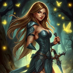 A sexy Dungeons & Dragons female character, with long flowing hair, wearing an elegantly designed, form-fitting armor that accentuates her curves