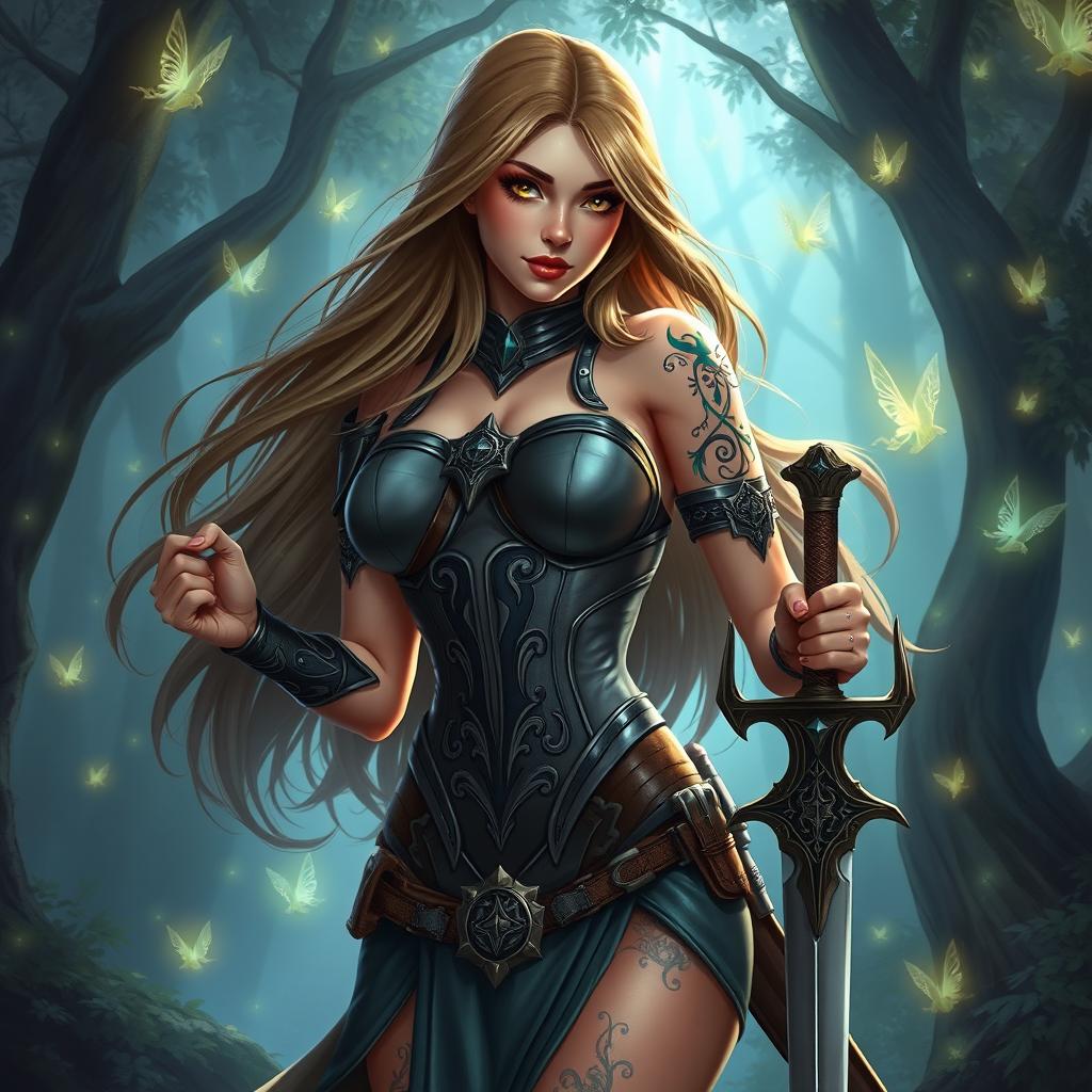 A sexy Dungeons & Dragons female character, with long flowing hair, wearing an elegantly designed, form-fitting armor that accentuates her curves