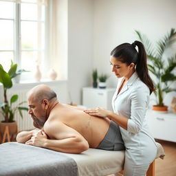 A professional woman physiotherapist demonstrating meridian therapy techniques in a bright, tranquil clinic setting